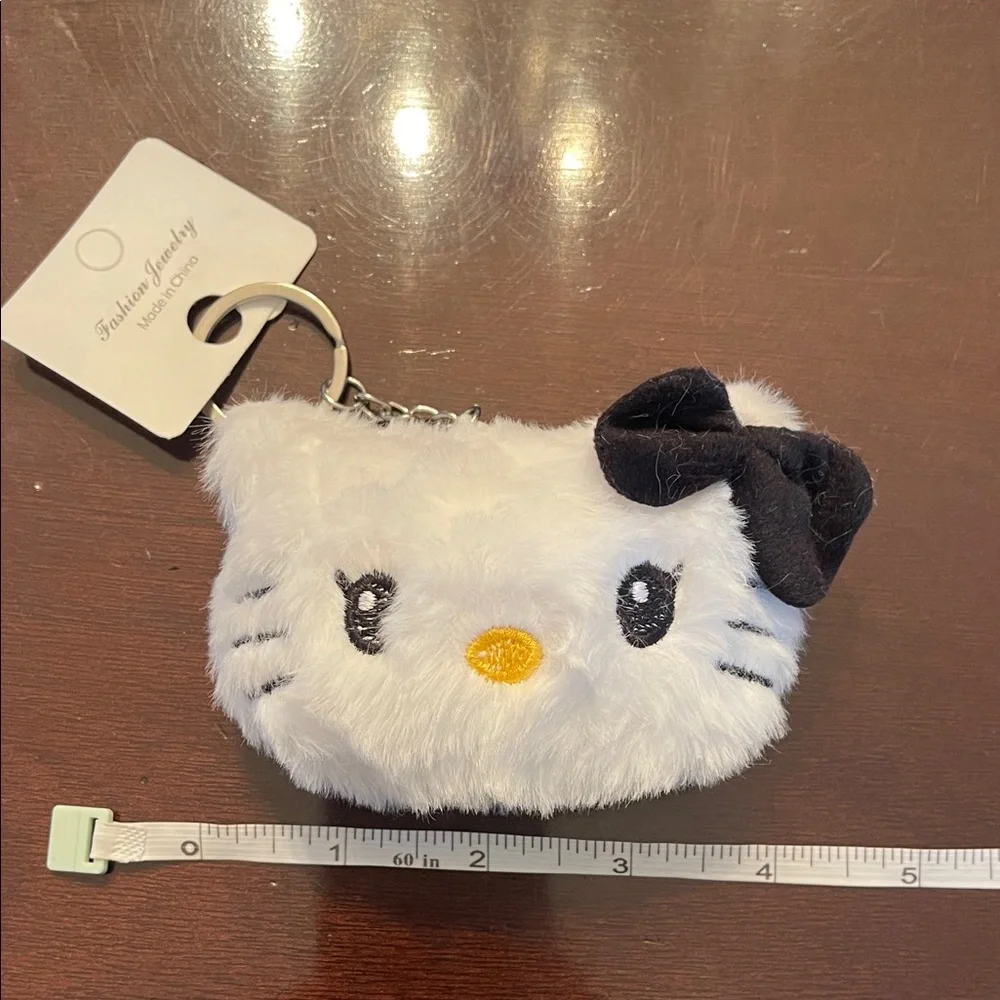 White Plush Hello Kitty Cat Coin Plush with Keychain nwt black bow